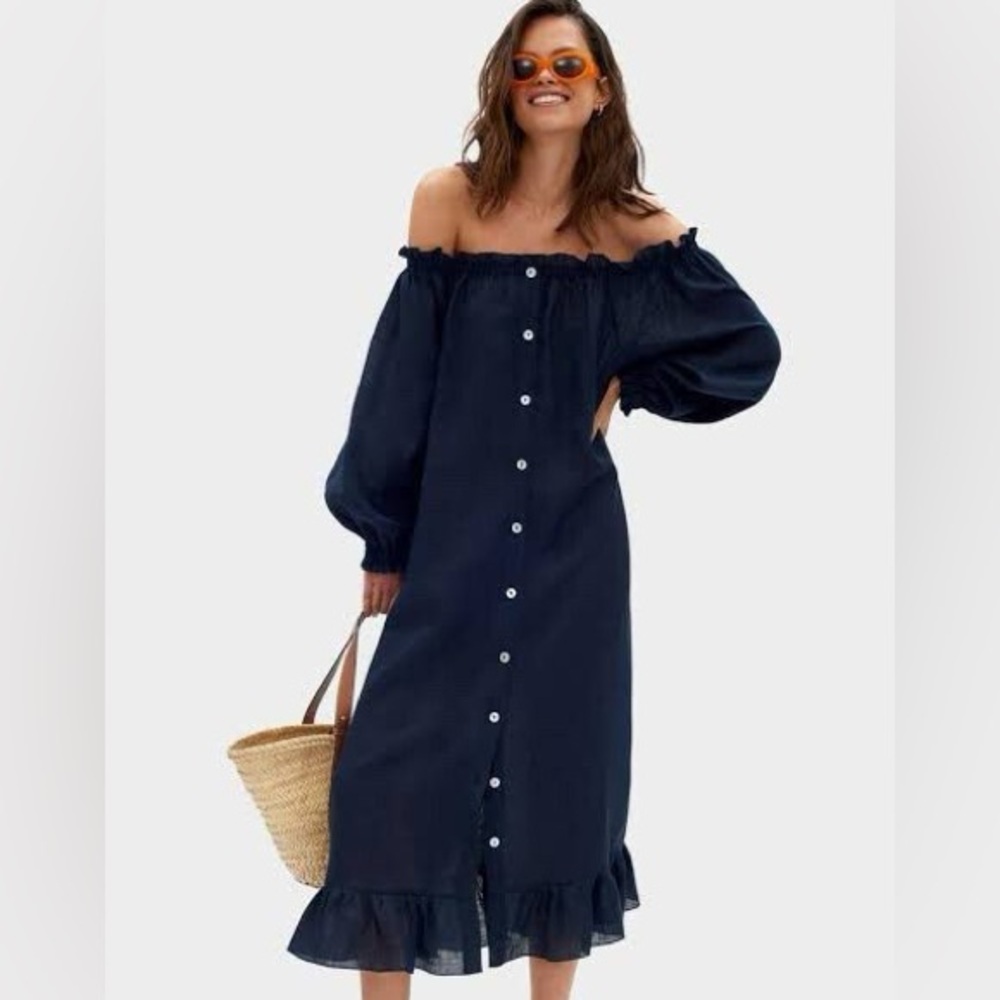 Sleeper navy linen midi button dress